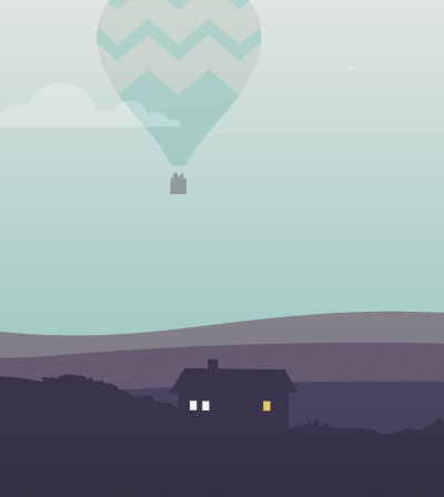 Image of hot air balloon over landscape, in the JM Finn illustration