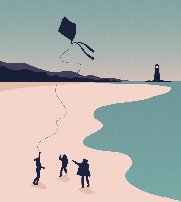 Image of family playing with a kite in the JM Finn illustration